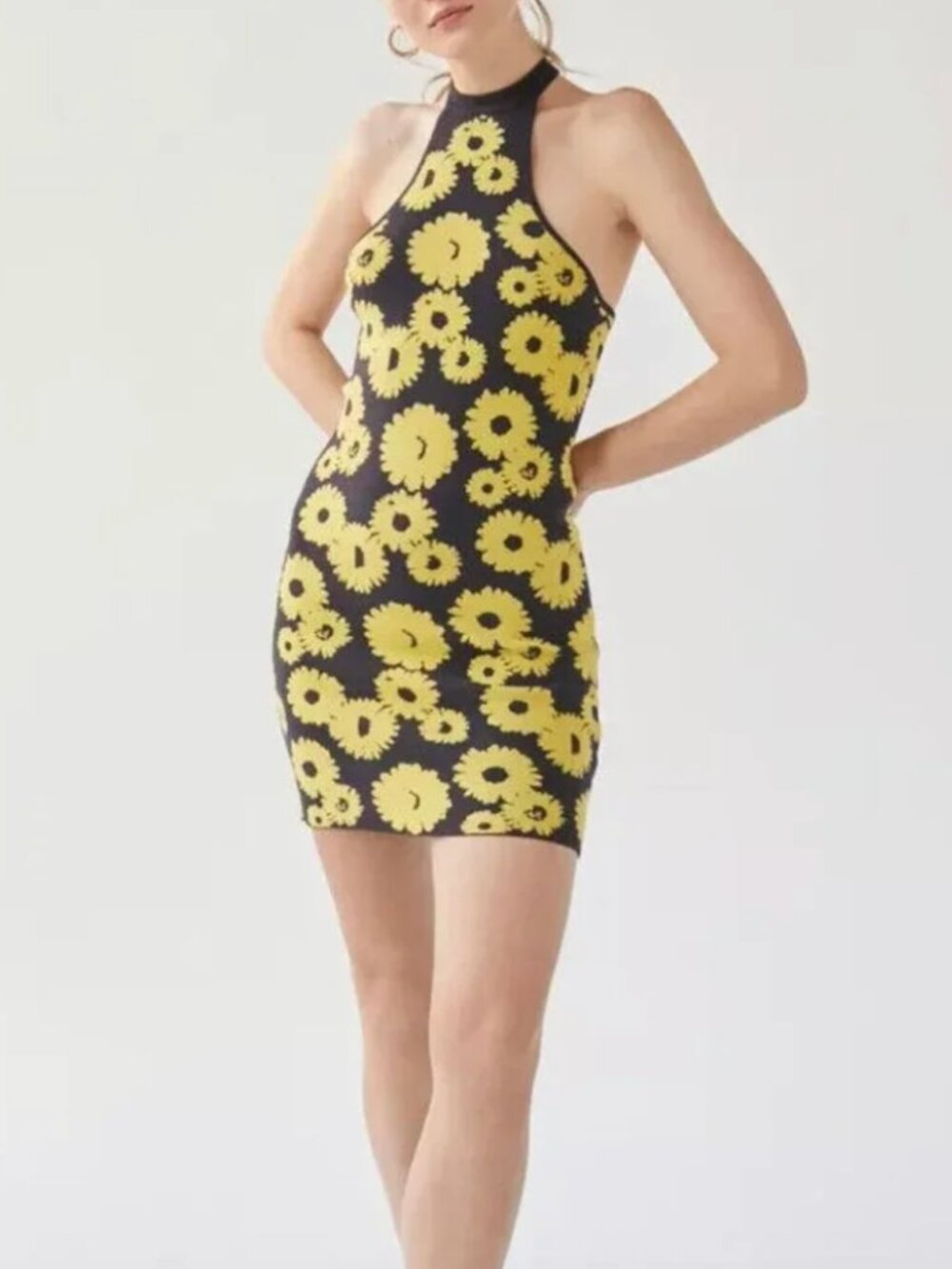 Urban Outfitters Sleeveless Sweater Mini Dress Yellow Black Flower Print Large
